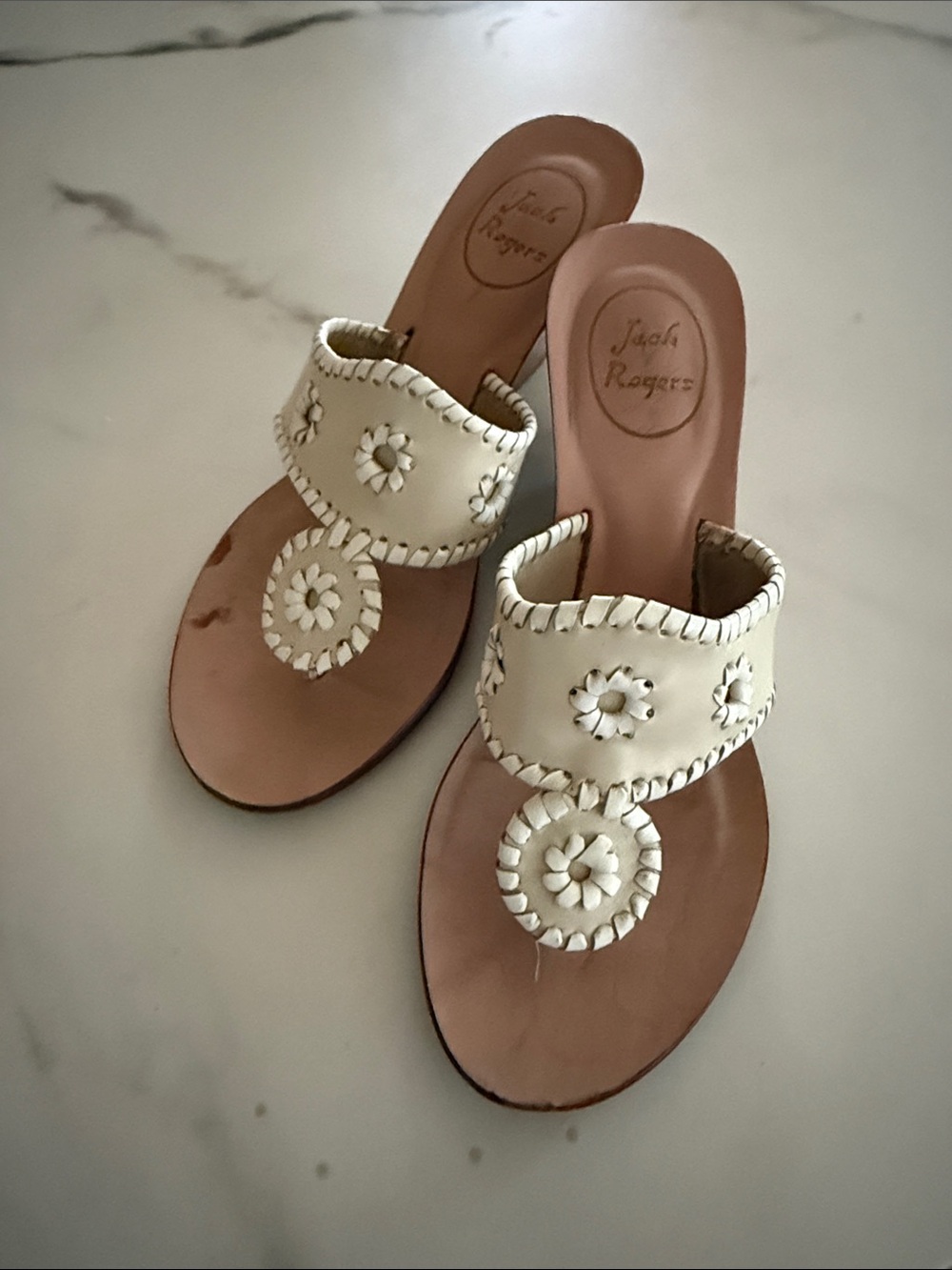 Jack Rogers Cream Leather Slip-On Sandals with Medallion Detail